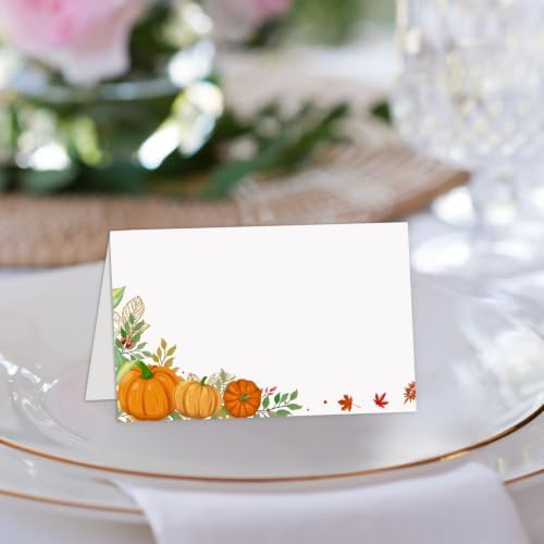 25Pcs Fall Pumpkin Place Cards, Thanksgiving Tented Name Cards, Rustic Seating Card for Wedding Baby Shower Autumn Party Table Setting, 2.1 x 3.5 Inch Folded -17