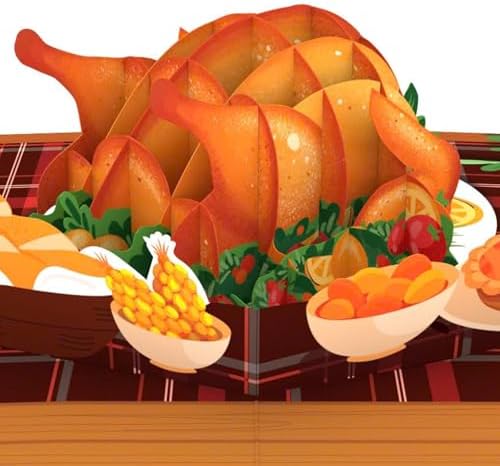 Paper Love Thanksgiving Card | 3D Pop-Up Turkey Dinner Greeting Card for Family, and Friend | 5" x 7" w/Envelope & Note Tag