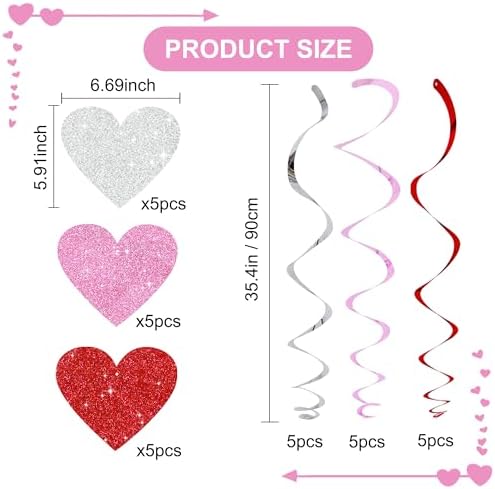 BEISHIDA Happy Valentine's Day Pre-Strung Hanging Swirls Valentine's Decorations Red Pink Silver Glitter Heart Hanging Decorations for Mother's Day Wedding Anniversary Proposal Party Supplies 15Pcs