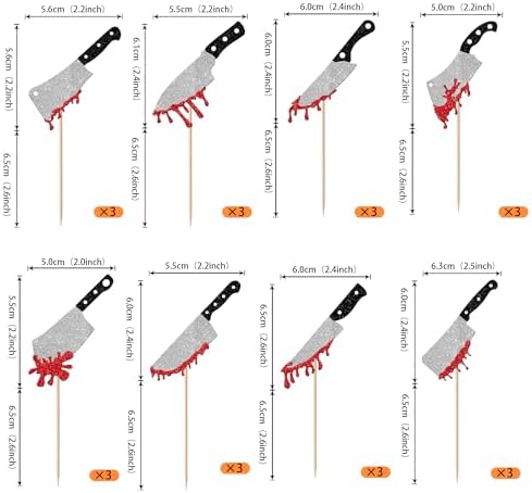 Rsstarxi 24 Pack Halloween Cupcake Toppers Glitter Blood Knife Cupcake Picks Horror Killer Birthday Cake Decorations for Scary Horror Crime Scene theme Birthday Halloween Party Supplies