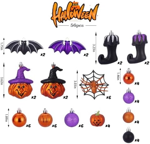 56pcs Halloween Hanging Ornaments for Tree Decorations, Shatterproof Plastic Hanging Halloween Ball Pendants with Pumpkin, Witches Hat Signs, Halloween Tree Decor Party, Holiday, Home (Multi New)