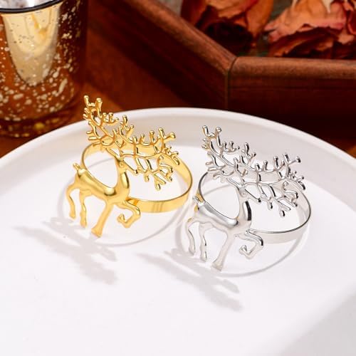 Gold Christmas Napkin Rings Set of 6, Metal Winter Xmas Elk Napkin Holders Wedding Dinner Home Table Decorations Winter Christmas Decorations