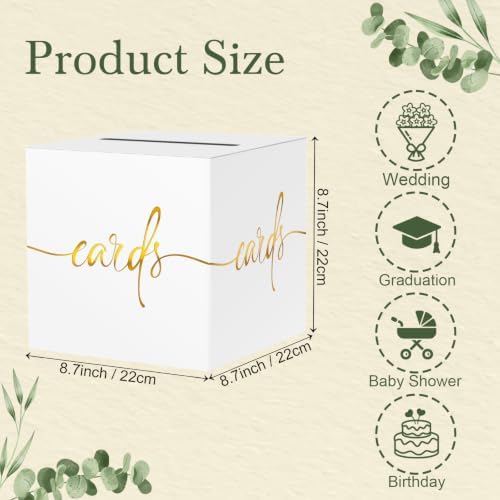 White Wedding Card Box with Gold Foil Design, Paperboard 8.7" Gift Card Holder for Graduation Birthday Party Reception Retirement Anniversary Bridal & Baby Shower