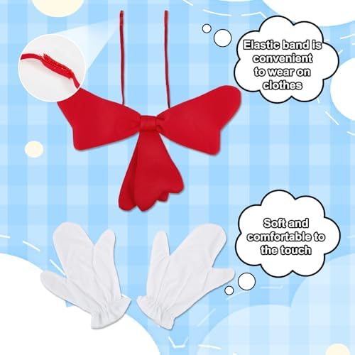 4 PCS Cat Hat Halloween Costume Accessories, Red White Striped Hat/Red Bow Tie/White Gloves for World Book Day Halloween Cosplay and Dress Up