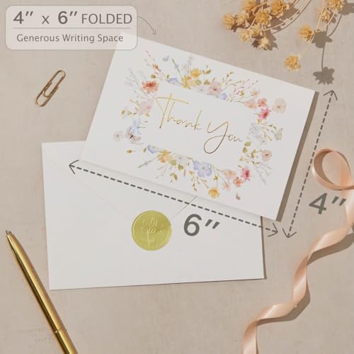 100 Floral Thank You Cards With Envelopes & Stickers - Pretty Wildflower & Gold Foil Assorted Greeting Notes pack for Wedding, Baby & Bridal Shower - Cute 4x6 Large Blank Flower Bulk Box Set