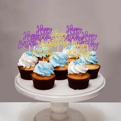 24 PCS Happy Birthday Cupcake Toppers Glitter Happy Birthday Cupcake Picks for Celebrating Anniversary Theme Party Cake Decorations Supplies Gold Purple