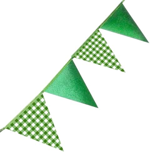 Glitter Green Party Pennant Banner Flag Green Buffalo Plaid Hanging Paper Triangle Bunting for Birthday Christmas Holiday Wedding Shower Bridal Shower St Patrick's Day Party Decorations Supplies