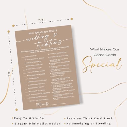 Bridal Shower Game Cards Wedding Traditions Why Do We Do That 25 Players with Answer Key | Engagement Party Games for Guests Minimalist Brown Wedding Shower Supplies - D08-3
