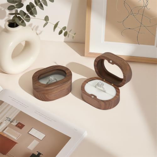 KUKUVR Oval Wooden Ring Box with Clear Window, Ring Holder Box for Wedding Day Engagement Proposal, Jewelry Gift Storage Box for Women (White - 1 Slot)