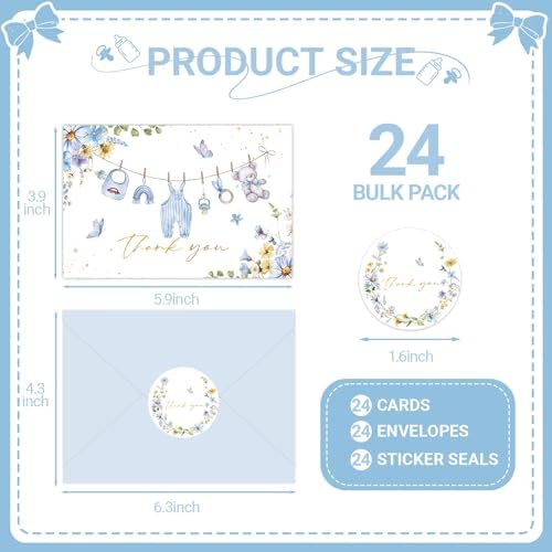 24 Pack Blue Flower Baby Shower Thank You Cards, Boy Baby Gift Card with Envelopes and Stickers, Greeting Cards Bulk for Baby Shower Party