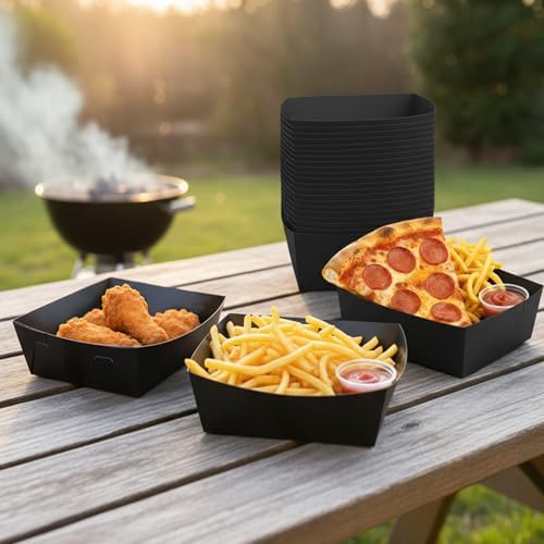 25 Pcs Paper Food Tray 4 lb Large Food Boats Nacho Plates Disposable Serving Snack Trays Large Paper Trays Boat for Nachos, Hotdogs, Tacos, Fries (Black)