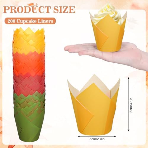 Whaline 200Pcs Fall Tulip Cupcake Liners Autumn Greaseproof Paper Baking Cups Red Orange Yellow Green Muffin Cupcake Wrappers for Thanksgiving Wedding Birthday