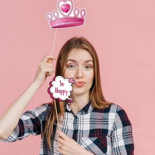 24 Pcs Pink Girls Birthday Photo Booth Props Kit - Hot Pink Princess Birthday Party Photo Booth Props Set, Sweet 16 18 21 30 40 50 or Any Other Bday Party Party Deco