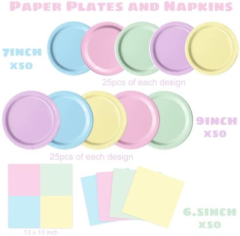 Oigco 150 PCS Pastel Birthday Decorations - Pastel Paper Plates and Napkins - Rainbow Party Decorations for Birthday Baby Shower Wedding, Serves 50