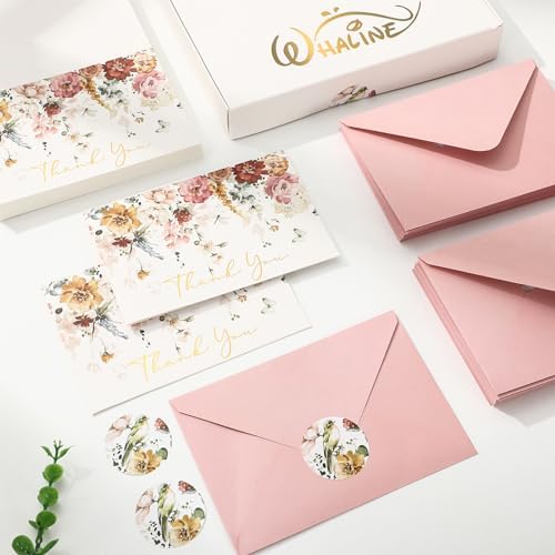 Whaline 50 Pack Boho Floral Thank You Cards Boxed Watercolor Pastel Flowers Greeting Card with Envelope Sticker Blank Note Cards for Wedding Birthday Bridal Shower, 4 x 6 Inch