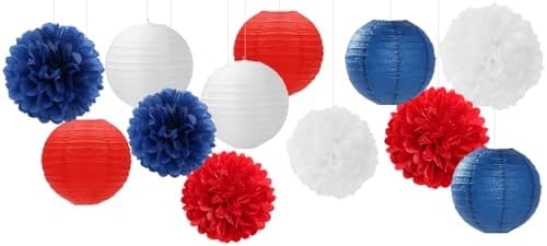Fourth-4th Of July Imemorial-Day Party-Decorations - 15pcs Red White Blue Paper-Flowers Lanterns,Patriotic Graduation Tissue Pom Poms Streamers,Independence Veterans Hanging Supplies Decor Hugfond