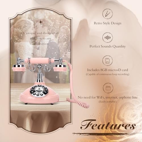 Wedding Phone Guest Book,Audio Guestbook,Vintage Wedding Guestbook Alternative,Audio Phone Guest Book for Wedding Baby Shower Retirement Graduation Birthday Party & More! (Pink)