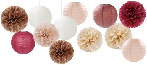 Burgundy-Brown Champagne Party-Decorations Paper-Flowers Lanterns - 15PCS Fall Boho Tissue Pom Poms Streamers,Autumn Rustic Baby Shower Neutral Wedding Birthday Decor Hugfond