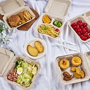 ECOLipak 50 Pack Compostable Take Out Food Containers, 8 inch,3 Compartment