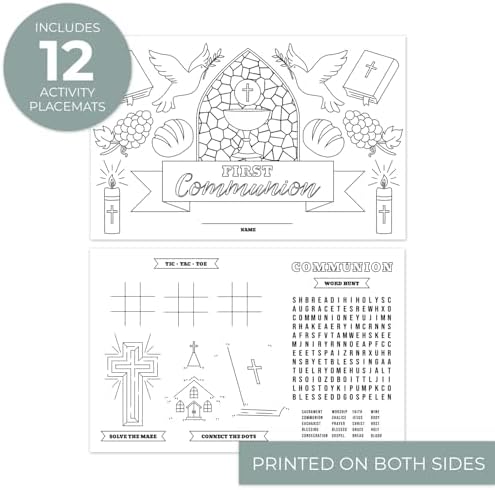 First Holy Communion Coloring Activity Placemats / 12 Religious Drawing Activity Sheets / 17" x 11" Kids Double Sided Christian Disposable Coloring Paper / 1st Communion Party Kids Table Supplies