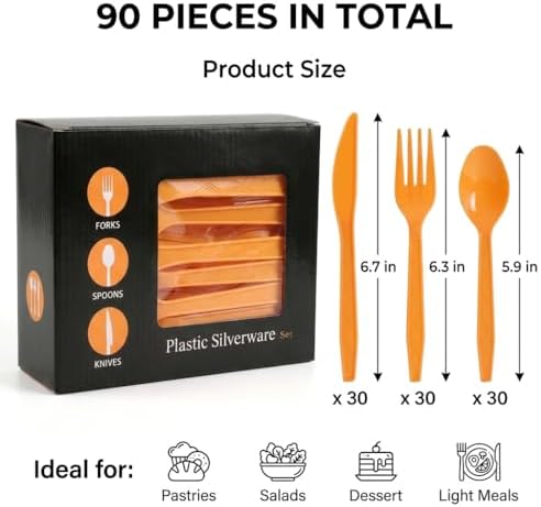 90Pcs Orange Plastic Silverware Set, Disposable Forks Spoons Knives