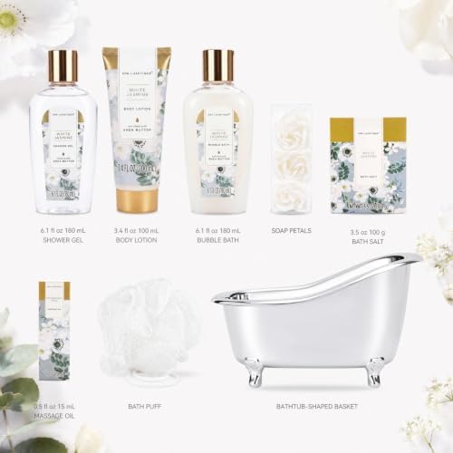 Spa luxetique 8pcs Jasmine Gift Set for Women, Spa Gift Baskets Bath and Body Gifts with Shower Gel, Bubble Bath, Birthday Anniversary Christmas Gifts for Mom
