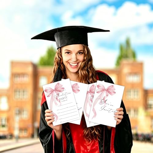 Pink bow Graduation Invitations 2026 with Envelopes - 20 Pack Class of 2026 Graduation Party Invitations, 4x6 Inch Fill-in Graduation Announcements for High School or College - A12