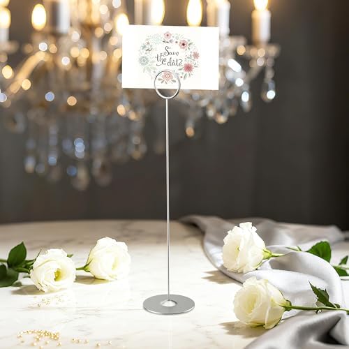 ERYTLLY 16PK Place Card Holders 12 Inch Table Number Holders Table Card Holders Steel Card Holders for Birthdays,Weddings,Photos, Food Signs, Memo Notes, Restaurants (Matte Silver)