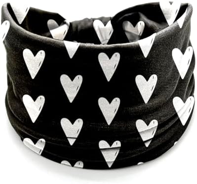 4 Pcs Valentine's Day Headbands for Women, Black White Wide Turban Dress Up Costume Breathable Stretchy Non Slip Head Wrap, Love Heart Pattern Holiday Fall Winter Hair Band for Yoga Running Party