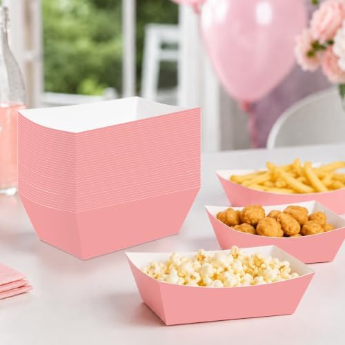 100 Pcs Pink Paper Food Trays, Pre-Folded Disposable Snack Boats for Popcorn, Candy, Fries, Nachos, Desserts and Snacks, Pink Party Supplies for Birthday, Baby Shower, Dessert Table