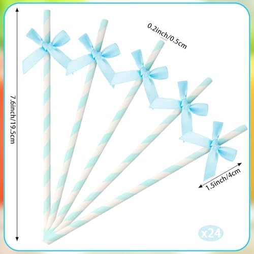 24 Packs Blue Bow Biodegradable Striped Paper Straws, Blue and White Disposable Drinking Straws for Birthday Carnival Summer Pool Party Wedding Baby Shower Halloween Party Decoration Supplies