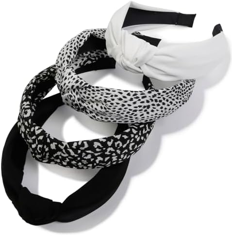 Knotted Headbands for Women: Non-Slip Fashion Hair Accessories with Cute Wide Top Knot Hoops for Hair in Black, White, and Leopard Print