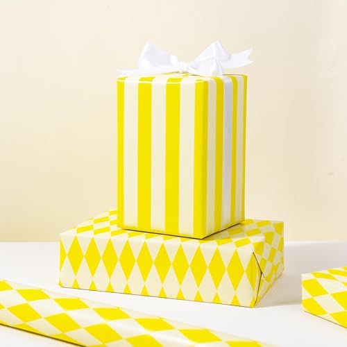 RUSPEPA Reversible Wrapping Paper Roll, Mini Roll, Yellow and White Stripes and Diamond Pattern Gift Wrap for Birthday, Wedding, Easter, Spring, Baby Shower, Bridal Shower, 17 Inches x 16.4 Feet