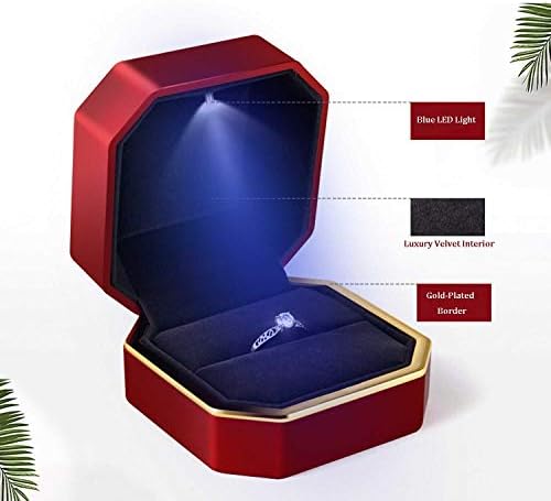 Luxury Ring Box, Square Velvet Wedding Ring Case Jewelry Gift Box with LED Light for Proposal Engagement Wedding, Red