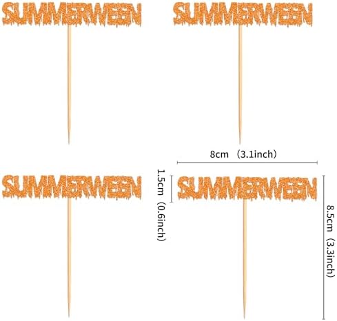 24Pcs Glitter Orange Summerween Cupcake Toppers Happy Summerween Birthday Cupcake Picks for Summer Halloween Birthday Cupcake Decorations Summer Holiday Party Decorations