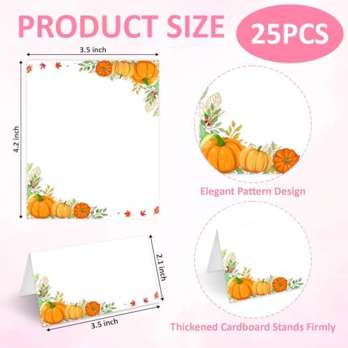 25Pcs Fall Pumpkin Place Cards, Thanksgiving Tented Name Cards, Rustic Seating Card for Wedding Baby Shower Autumn Party Table Setting, 2.1 x 3.5 Inch Folded -17