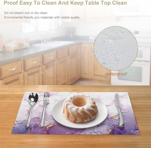 Marble Placemats Set of 6, 12x18 Inch Abstract Purple Modern Marble Pattern Printed Heat Resistant Table Mats for Dining Kitchen Birthday Party Holiday Decor