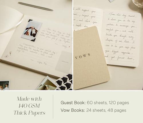 Photo Wedding Guest Book with Vow Book Set (Cream) - Linen Textured Guestbook, Matching Lined Vow Books for Bride and Groom, Neutral Wedding Keepsake for Reception Table