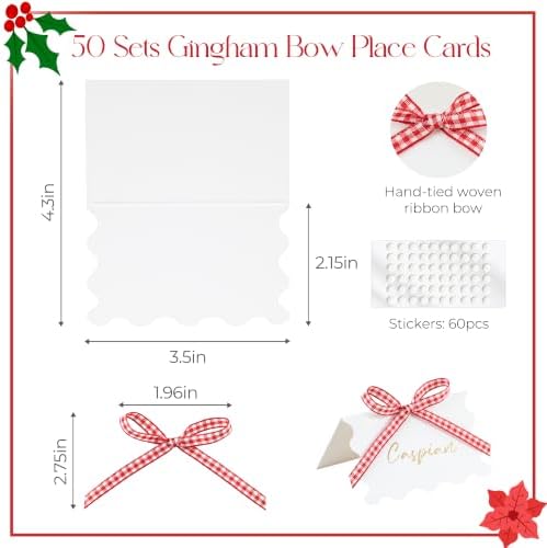 UNIQOOO 50Sets Place Cards for Table Setting - Gingham Red White Pre-tied Bow Table Place Cards, Name Cards for Wedding, Christmas Dinner Party Events, 4x3.5 In