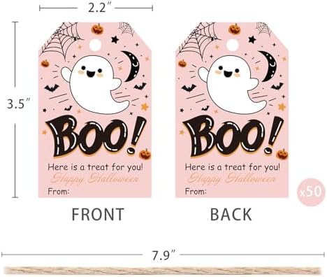 Aukolass 50Pcs Boo Gift Tags, Halloween Treat Tag (Pink Boo)