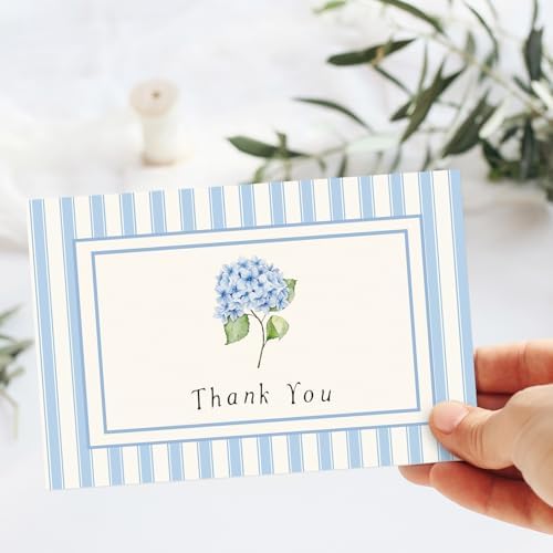 JarThenaAMCS 50 Pack Hydrangea Thank You Cards White Blue Floral Stripe Greeting Cards with Envelopes Stickers Blank Note Card for Wedding Bridal Baby Shower Birthday Party, 4 x 6 Inch