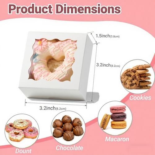 3.2x3.2x1.5 Inches 100PCS Chocolate Truffle Boxes Mini Bakery Boxes with Window for Cookies,Soap,Donut, Macaron,Brownie(White)