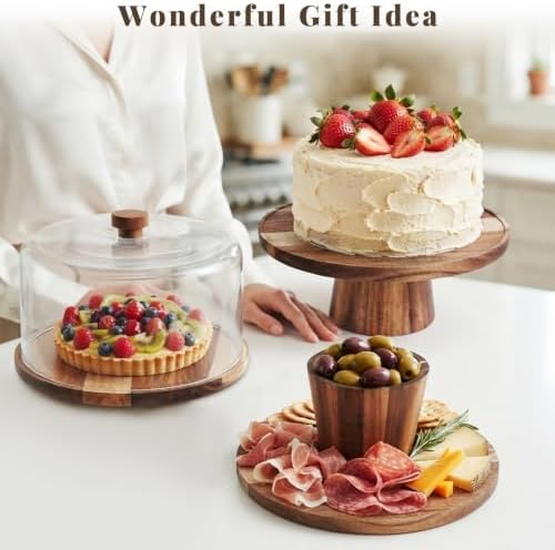NWK 3-in-1 Acacia Wood 11 inch Cake Stand with Tall Acrylic Lid