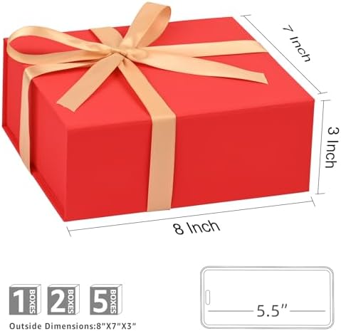 LIFELUM Red Gift Box for Christmas with Magnetic Lid, 8"x7"x3"