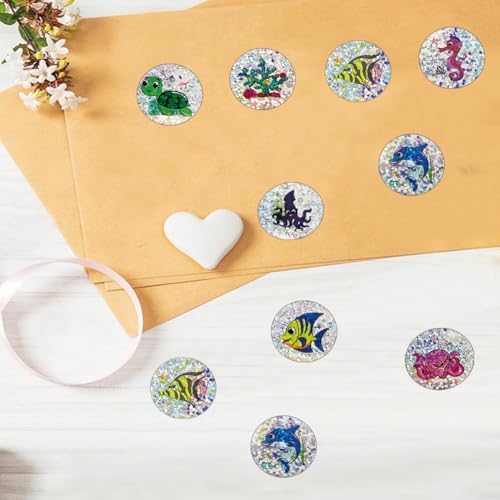 500Pcs Round Sea Animals Stickers 1in Glitter Self-Adhesive Decorative Ocean Life Label Stickers Roll for Birthday Party Favors Teacher Reward Encouragement Envelopes Supplies