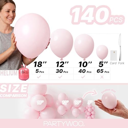 PartyWoo Pale Pink Balloons 140pcs Light Pastel Baby Pink Different Sizes