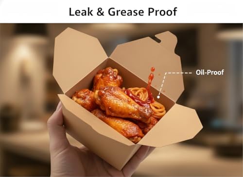 50 Pack 45 oz Take Out Food Containers, Leak & Grease Resistant Microwavable Freezer Safe, Kraft Cardboard Lunch To-Go Boxes, Disposables for Household Restaurant Office Party Picnic