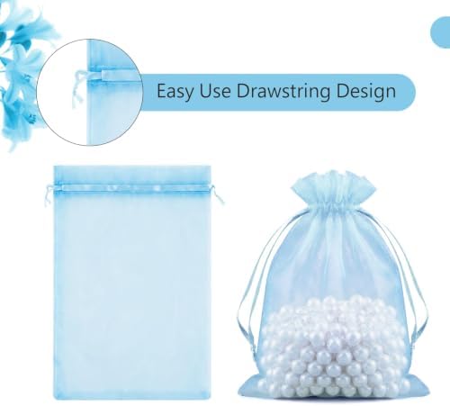 FUNFERY 100PCS Baby Blue Organza Gift Bags 6x9in,Drawstring Jewelry Pouch