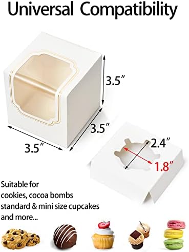 Happyhiram 50 Pack Gold Foil Individual Cupcake Boxes with Inserts & Window