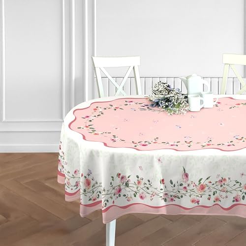 Pink Floral Tablecloth Decoration Tablecloths, Pink Rose Rosette Butterfly Table Covers, Waterproof Table Cover for Dinner Kitchen Party Holiday Decor 60"x 120" Oval